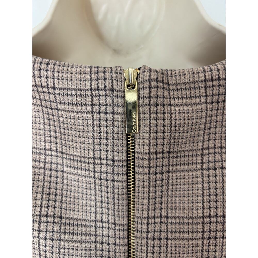 Vtg Calvin Klein Dress 4 Knee Fit & Flare Plaid Check Brown Soft Puff Sleeve - Picture 9 of 14